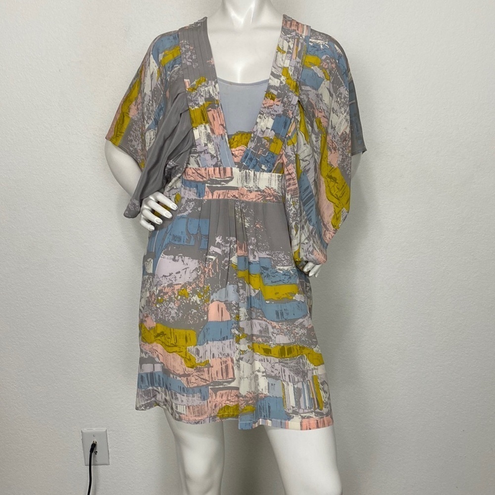 Twinkle by Wenlan Anthropologie Gray Multicolor 100% Silk V-Neck Dress Size 8